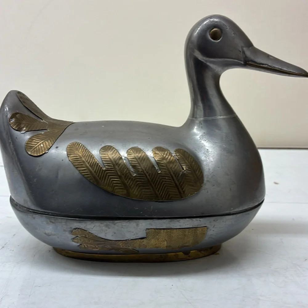 MCM Duck Decoy Keepsake Box  Chinese  pewter & brass duck trinket box lidded